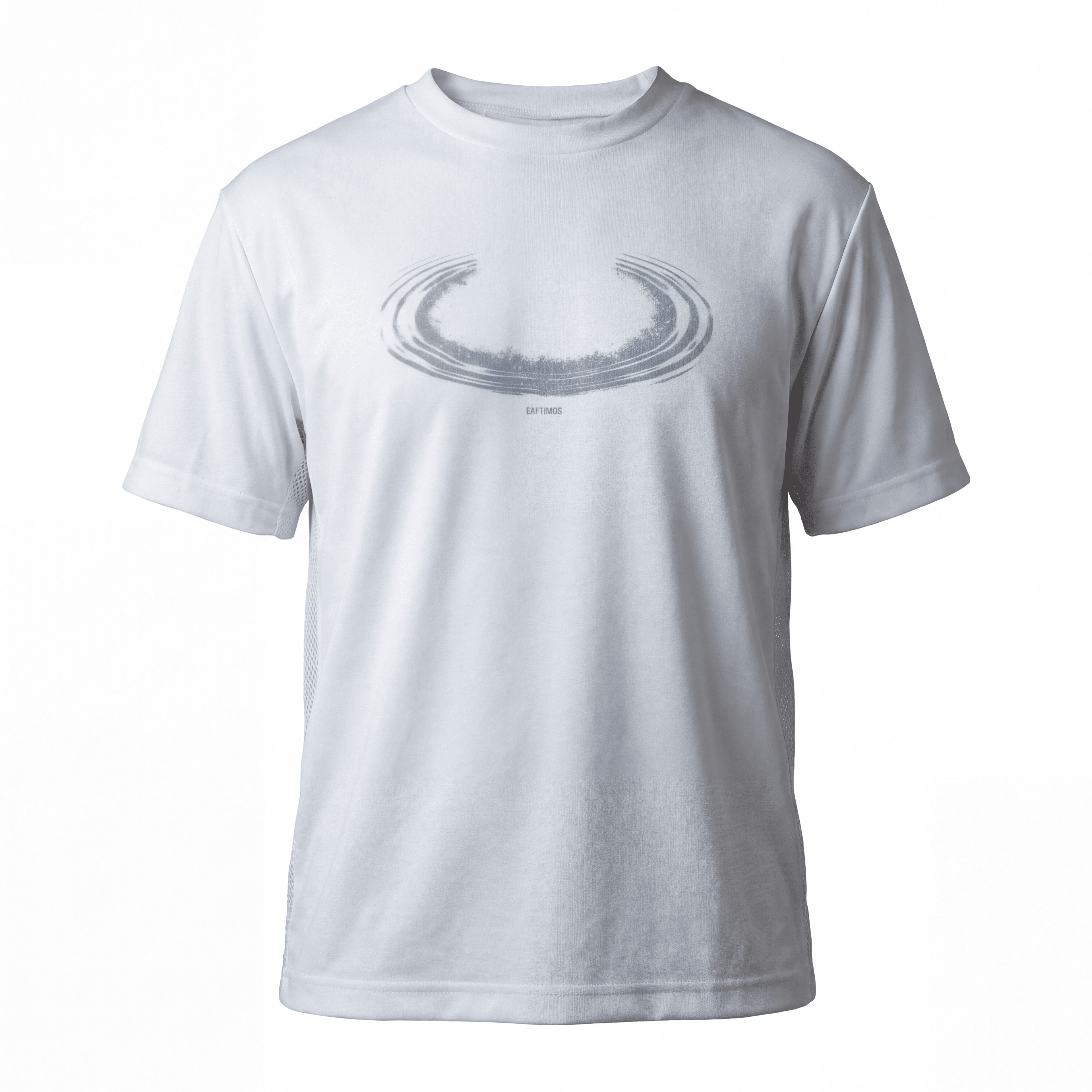 White t-shirt with a graphic design on a white background